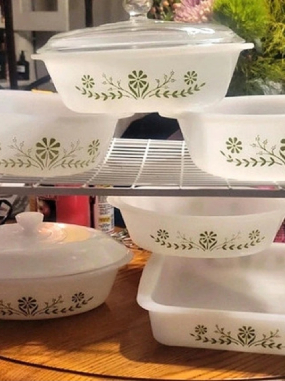 Glassbake Crazy Daisy / Spring Blossom Green Casserole Set